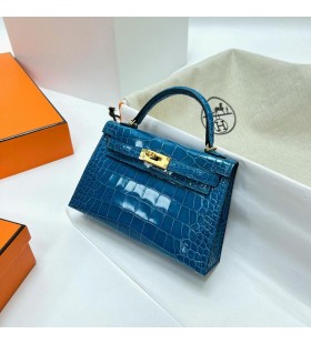 Mini Kelly shiny alligator Krokodil 7W Izmir-blau-Gold-Hardware-Ghw 19cm Volle Handgemachte