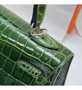 Kelly Glänzende Nilo Crocodile Ck67 Tiefe Grün Silber Hardware Phw 25cm Volle Handgemachte