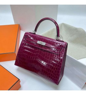 Kelly Glänzende Nilo Crocodile Rose Lila Silber Hardware Phw 25cm Volle Handgemachte