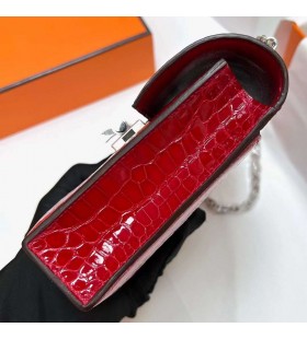 Verrou Shiny Alligator Krokodil Ck95, Ferrari-rot, Silber-Hardware Phw 17,5 cm Volle Handgemachte
