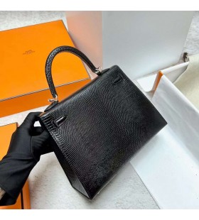 Kelly Lizard Ck89 Schwarz Silber Hardware Phw 25cm Volle Handgemachte