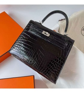 Kelly glänzende nilo crocodile ck89 Schwarz Silber Hardware Phw 25cm Volle Handgemachte