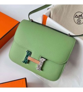 Constance Epsom I3-Avocado green Lizard+Krokodil Schnalle-Silber Hardware-18cm Volle Handgemachte