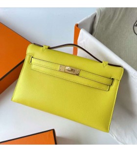 Mini Kelly Pochette Swift-9R Lemon yellow Gold Hardware Ghw 22cm Volle Handgemachte