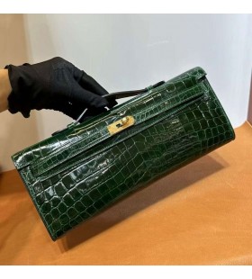 Taschen Kelly cut shiny nilo crocodile Ck67 Deep Green Gold Hardware 31cm Voll Handgemachte Ghw