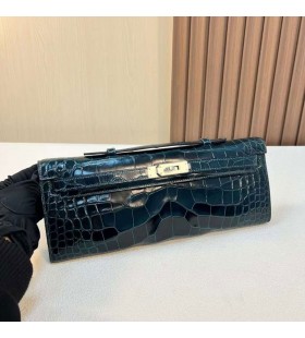 Taschen Kelly cut shiny alligator-Krokodil-1P dunkelblau-Silber-Hardware-31cm Voll Handgemachte Phw