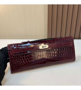 Taschen Kelly cut shiny crocodile Porosus verglichen F5 Bräunlich rot Silber Hardware-31cm Voll Handgemachte Phw