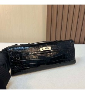 Taschen Kelly cut shiny nilo crocodile Ck89 Schwarz Silber Hardware-31cm Voll Handgemachte Phw