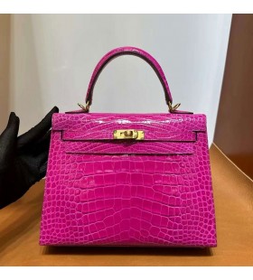 Kelly Shiny Alligator Krokodil J5 Deep Rose Pink-Gold-Hardware-25cm Volle Handgemachte Ghw