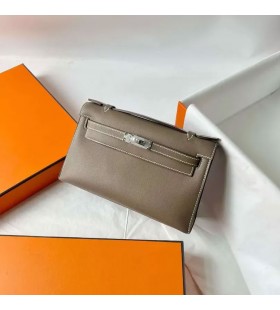 Kelly Pochette Swift Ck18 Etoupe Grau Silber Hardware-22cm Voller Handgemachte Phw
