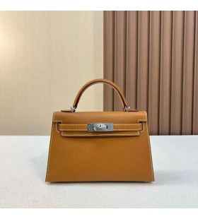 Mini Kelly Epsom Ck37 Golden Braun Silber Hardware-19cm Voll Handgemachte Phw