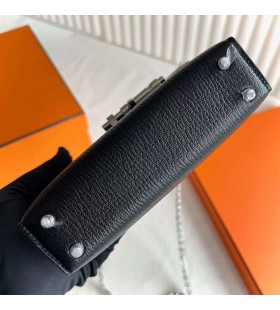 Verrou Touch Chevre & Shiny Alligator Krokodil Ck89 Schwarz Silber Hardware 17,5 cm Volle Handgemachte Phw