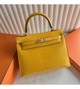 Kelly shiny Alligator-Krokodil-9D Bernstein gelb mit Gold-Hardware 25 cm Volle Handgemachte Ghw