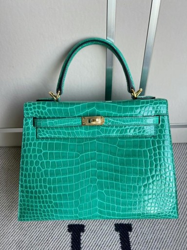 Kelly λαμπερά κροκοδείλια αλιγάτορα Ο6 emerald Χρυσό Υλικό GHW 25cm Πλήρες Χειροποίητο