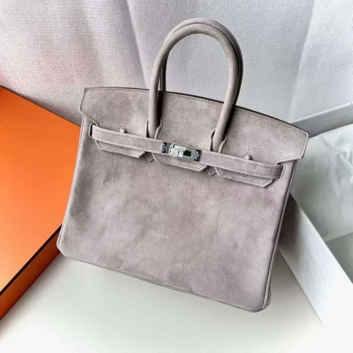 Birkin Σουέτ M8 Σκοτεινό ροζ Ασημένιο Υλικό 25cm Πλήρες Χειροποίητο Phw