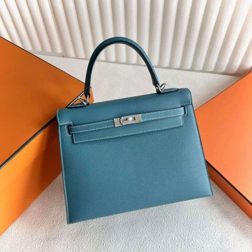 Kelly Epsom D2 Denim μπλε Ασημένιο Υλικό 25cm Πλήρες Χειροποίητο Phw