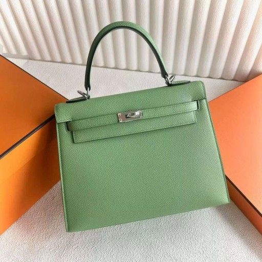 Kelly Epsom 3i Αβοκάντο πράσινο Ασημί Υλικό 25cm Πλήρες Χειροποίητο Phw