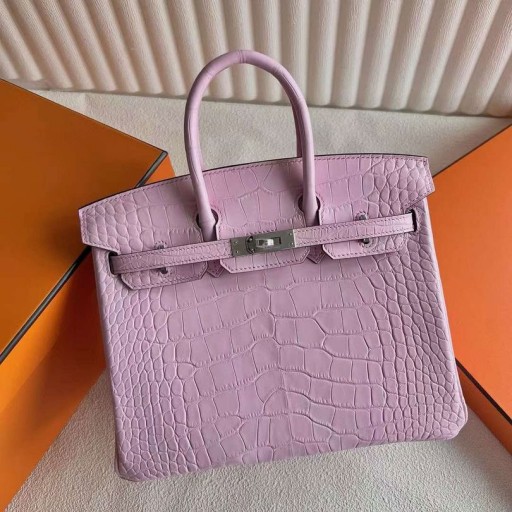 Birkin Ματ Κροκοδείλια Αλιγάτορα Sakura Ροζ Ασημένιο Υλικό 25cm Πλήρες Χειροποίητο Phw