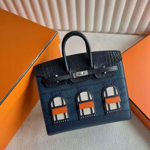 Τσάντες Birkin Limited edition Μικρό Σπίτι Μπλε Ασημένιο Υλικό 20cm Πλήρες Χειροποίητο Phw