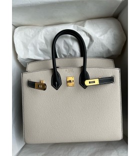Birkin sellier epsom Κρεμώδες λευκό & Μαύρο Χρυσό Υλικό GHW 25cm Πλήρες Χειροποίητο