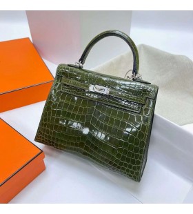 Kelly Λαμπερά Nilo Κροκόδειλος 6H πράσινο της Ελιάς το Ασήμι Υλικού Phw 25cm Πλήρες Χειροποίητο