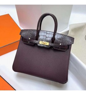 Birkin Αφής Τόγκο & Matte κροκοδείλια Αλιγάτορα 0G Σκούρο Κόκκινο Χρυσό Υλικό 25cm Πλήρες Χειροποίητο