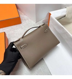 Μίνι Κέλι Pochette Swift Ck18 Etoupe Γκρι Χρυσό Υλικό Ghw 22cm Πλήρες Χειροποίητο