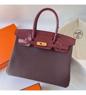 Birkin Αφής Τόγκο & Matte Αλιγάτορα Ck55 Μπορντό κόκκινο Χρυσό Υλικό 30cm Ghw Πλήρες Χειροποίητο