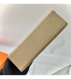 Kelly Pochette Στρουθοκαμήλου S2 Φως Khaki Ασήμι Υλικού 22cm Πλήρες Χειροποίητο Phw