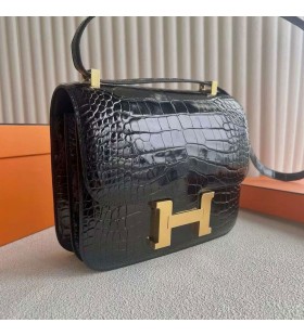 Constance Λαμπερά Κροκοδείλια Αλιγάτορα Ck89 Μαύρο Χρυσό Υλικό 24cm Πλήρες Χειροποίητο Ghw